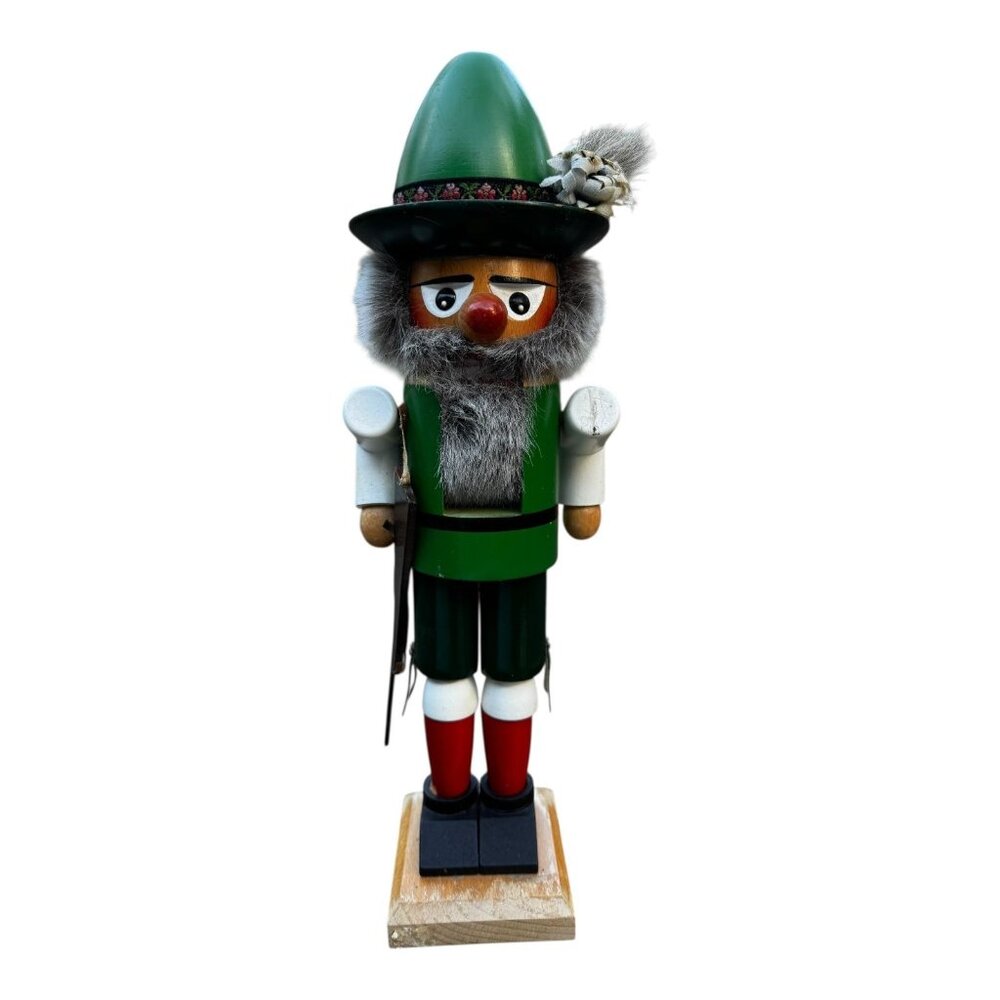 Vtg Steinbach Wooden Bavarian Huntsman Nutcracker W/Green Hat & Gray Beard 15"